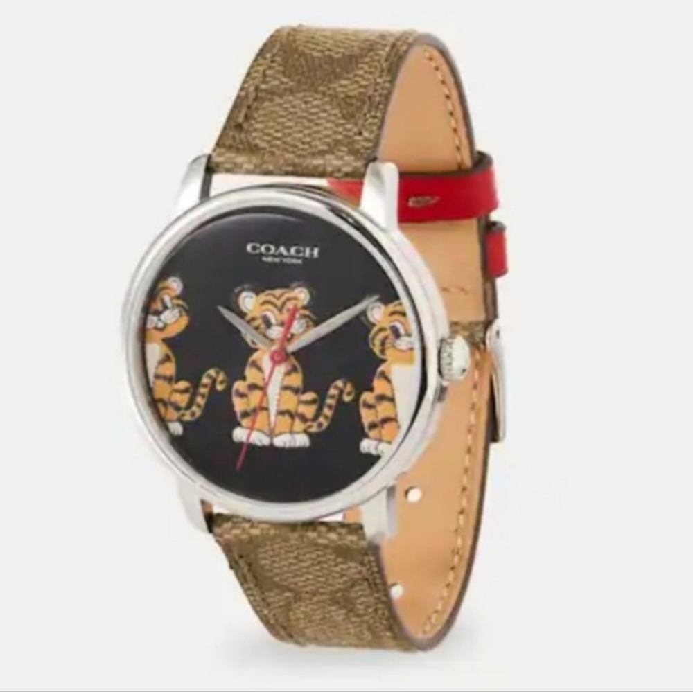 Coach Men's Watch with Tiger Dial and Brown Strap